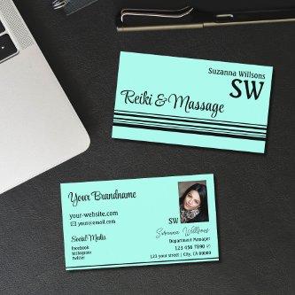 Modern Teal Black Stripes with Monogram and Photo