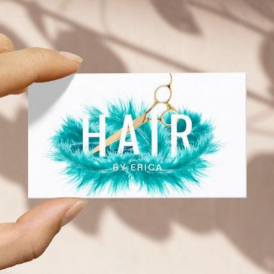 Modern Teal Feather & Gold Scissor Hair Salon