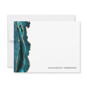 Modern Teal Green Agate Gold Glitter Marble Geode Note Card