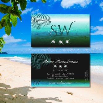 Modern Teal Watercolor Palm Leaves Jewels Monogram