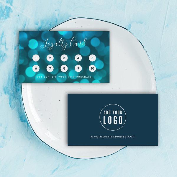 Modern Trendy Calligraphy Aqua Blue Bokeh Lights Loyalty Card
