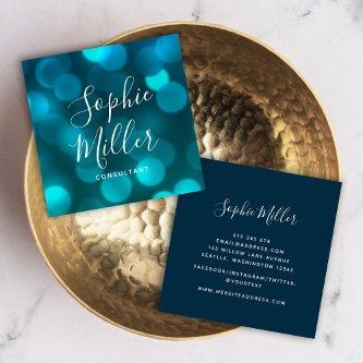 Modern Trendy Calligraphy Aqua Blue Bokeh Lights Square