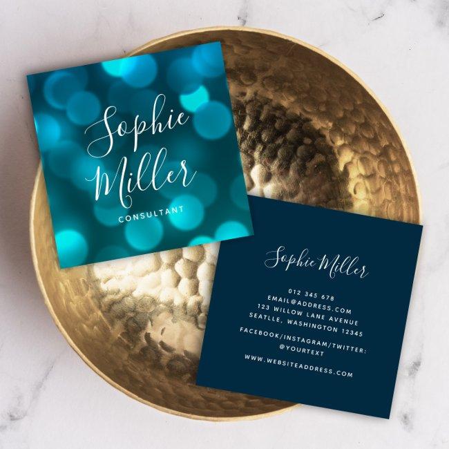 Modern Trendy Calligraphy Aqua Blue Bokeh Lights Square