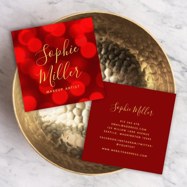 Modern Trendy Calligraphy Ruby Red Bokeh Lights Square