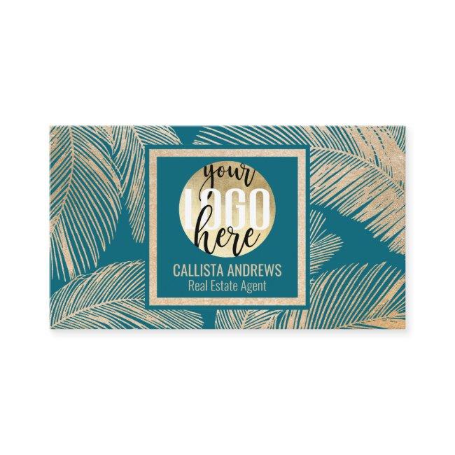 Modern Tropical Gold Teal Blue Palm Tree Leaf Logo