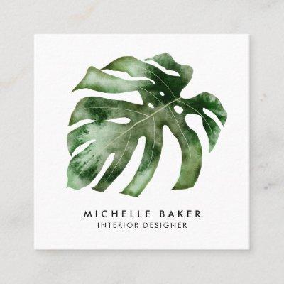 Modern Tropical Green Leaf Watercolor Square