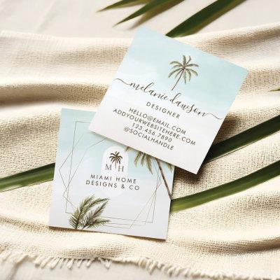 Modern Tropical Watercolor Palm Trees Monogram Square