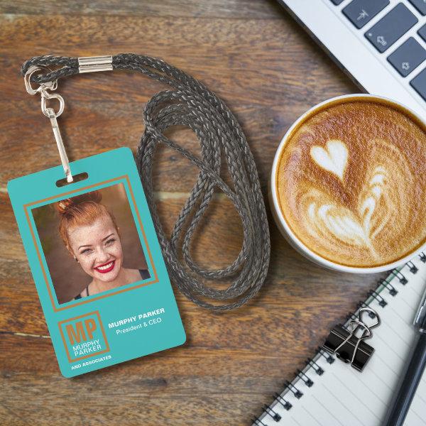 Modern Turquoise Copper Square Monogram Logo Photo Badge
