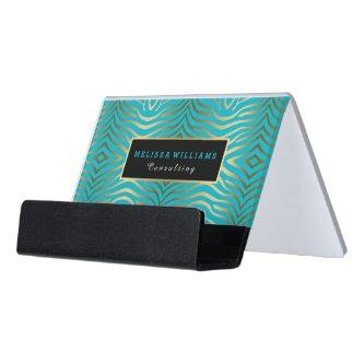 Modern Turquoise & Gold Zebra Stripes Pattern Desk  Holder