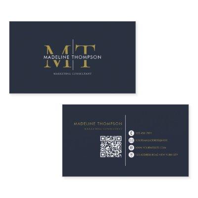 Modern Typography Monogram Navy Blue Gold QR code
