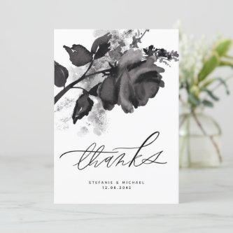 Modern Watercolor Black Rose Wedding Thank You Card