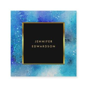 Modern watercolor blue teal splatter gold frame square