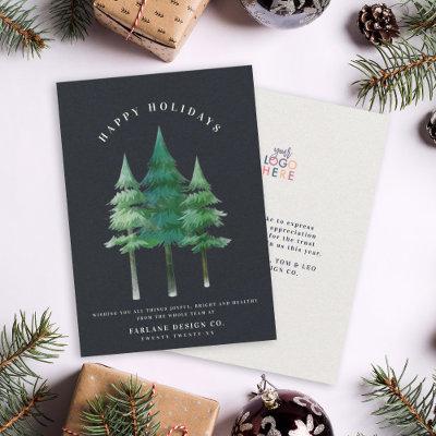 Modern Watercolor Festive Pine Tree Business Logo Holiday Card