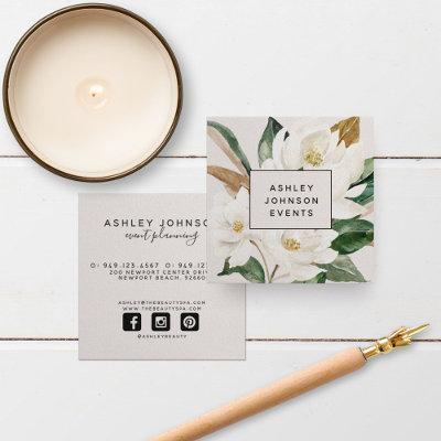 Modern Watercolor Magnolia Blush and Black Script Square