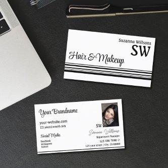 Modern White Black Stripes with Monogram and Photo