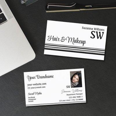 Modern White Black Stripes with Monogram and Photo