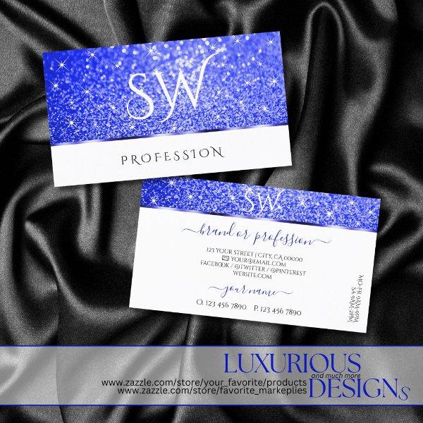 Modern White Blue Glitter Sparkling Stars Monogram