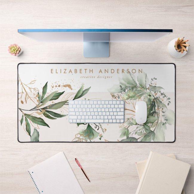Modern White Blush Gold Eucalyptus Corporate Large Desk Mat