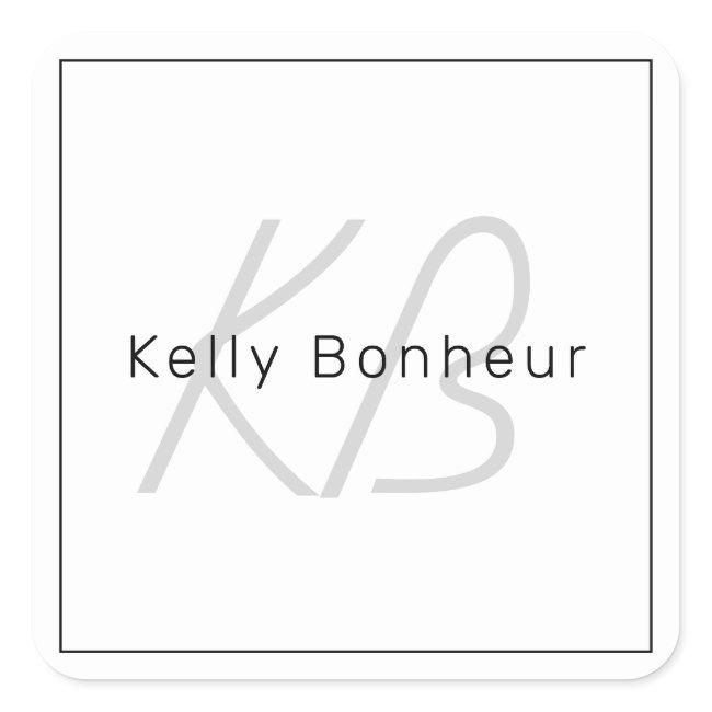 Modern White Grey & Black | Cool Name & Monogram Square Sticker