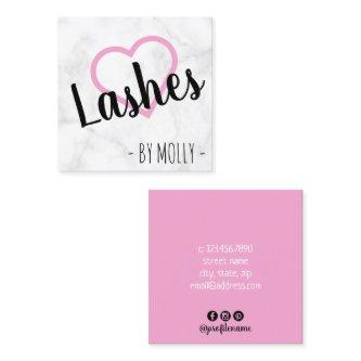 Modern white marble & pink heart lashes square