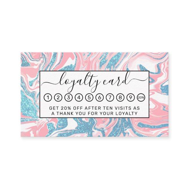 Modern White Pink Blue Glitter Marble Loyalty Card