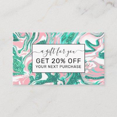 Modern White Pink Teal Green Glitter Marble Discount Card