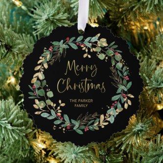Modern Wreath and Gold Script | Merry Christmas Ornament Card