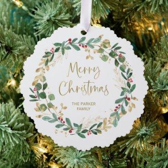 Modern Wreath and Gold Script | Merry Christmas Ornament Card
