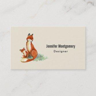 Momma Fox and Baby Watercolor Illustration Calling Card