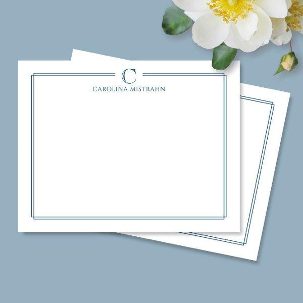Monogram Elegant Navy Blue Border Stationery Note Card