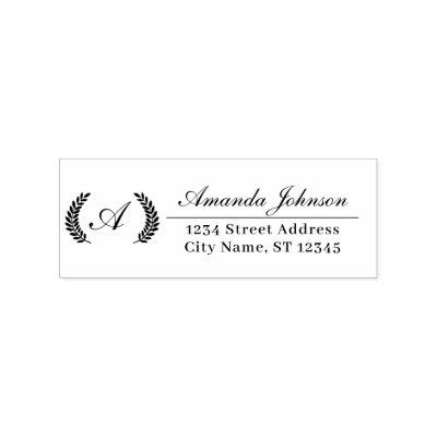 Monogram Family Name RSVP Adress Laurel Wreath Rubber Stamp