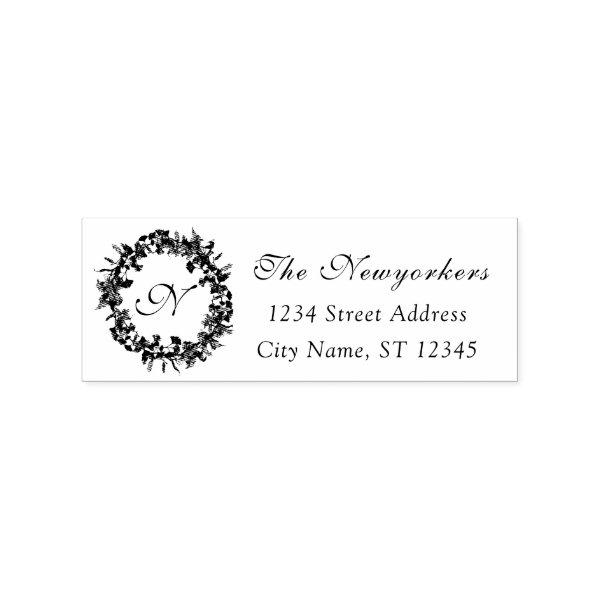 Monogram Family Name RSVP Rustic Floral Wreath Rubber Stamp