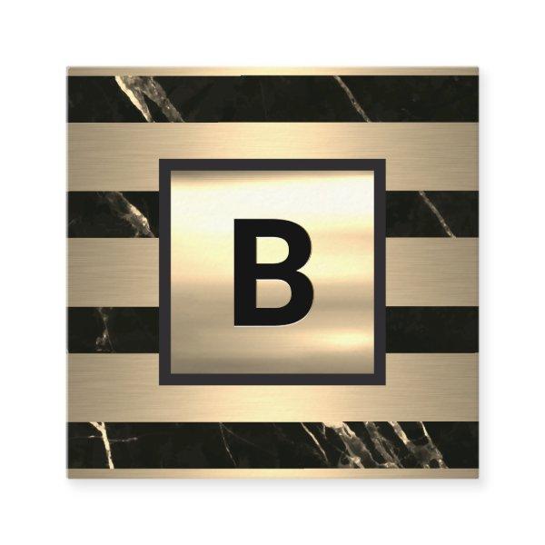 Monogram | Gold Metal Stripes | Black Gold Marble Square