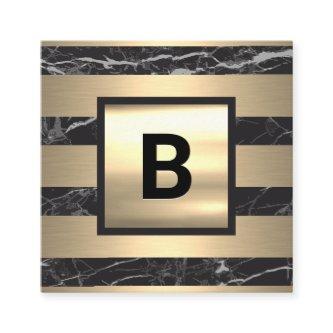 Monogram | Gold Metal Stripes | Black Marble Square
