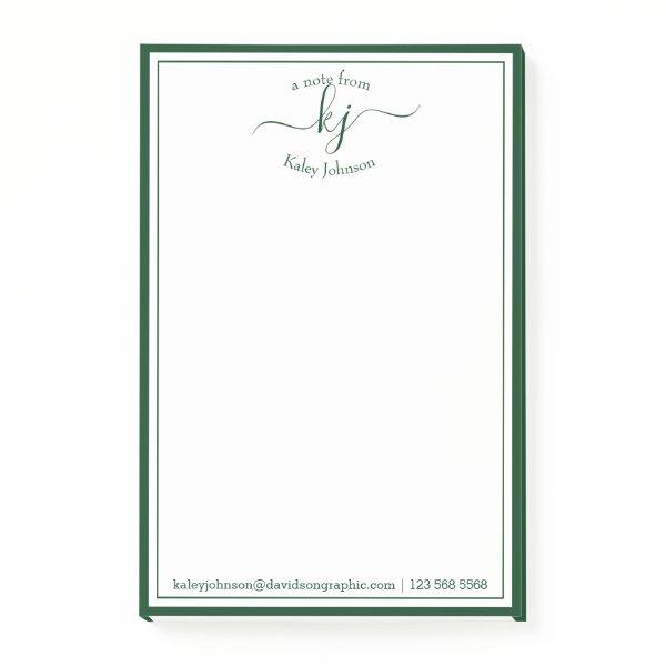 Monogram Initial Script Green From The Desk Of  Post-it Notes