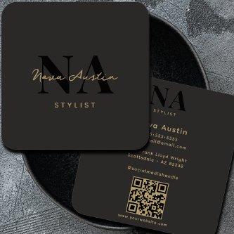 Monogram Luxe Trendy Aesthetic Gold Black QR Code Square