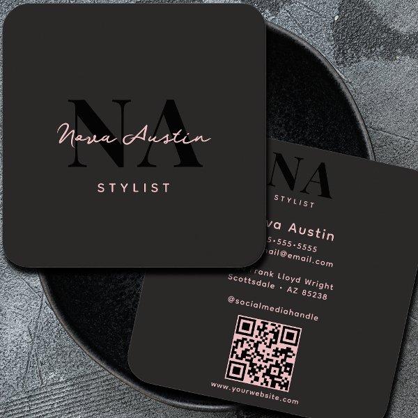 Monogram Luxe Trendy Aesthetic Pink Black QR Code Square
