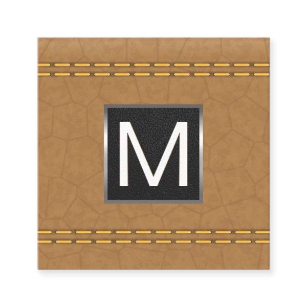 Monogram Metal Trim | Double Stitched Tan Leather Square