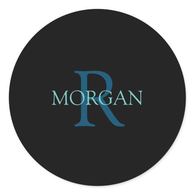 Monogram & Name, Blue & Teal Classic Round Sticker