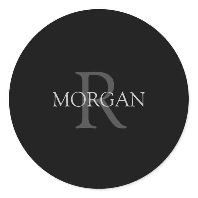 Monogram & Name, Simple Classic Design In Grey Tex Classic Round Sticker