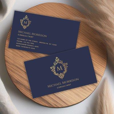 Monogram Navy Blue Faux Gold Crest Vintage Elegant