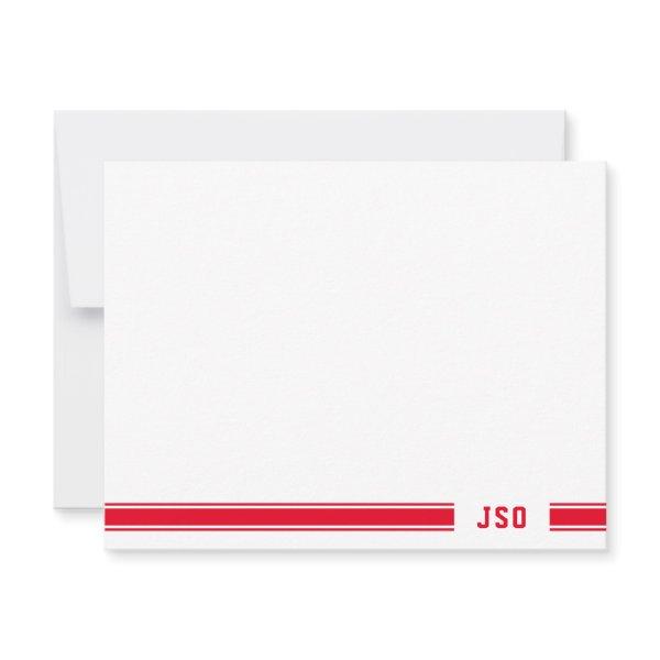 Monogram on Sporty Stripes Bright Red & White Note Card