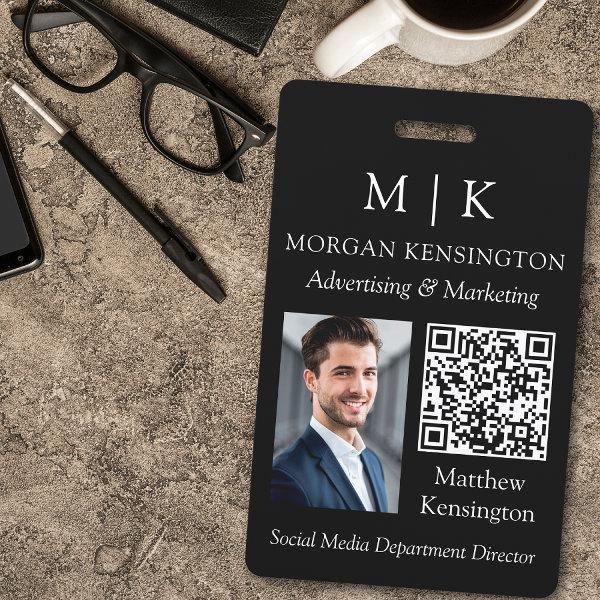 Monogram or Add Logo Business Black QR Code Photo Badge