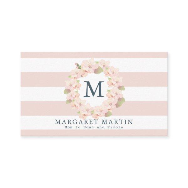Monogram Pink Cherry Blossom Wreath Mommy Calling Card