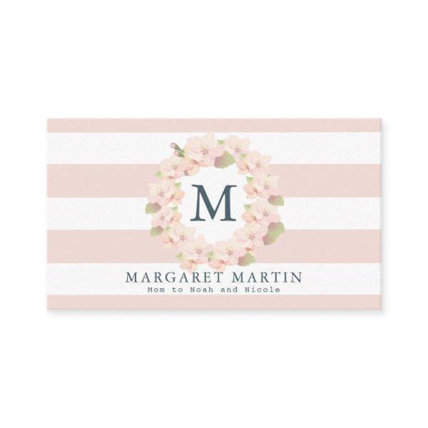 Monogram Pink Cherry Blossom Wreath Mommy Calling Card