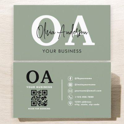 Monogram Sage Green QR Code Modern Minimalist