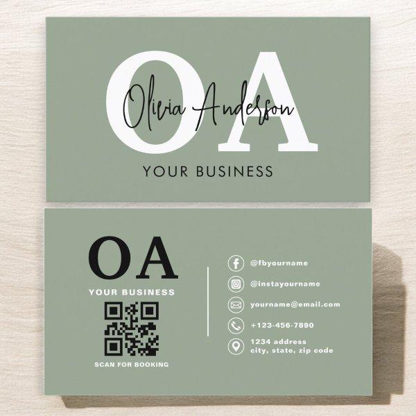 Monogram Sage Green QR Code Modern Minimalist