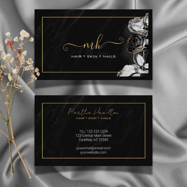 Monogram Script Typography Floral Black & Gold Calling Card