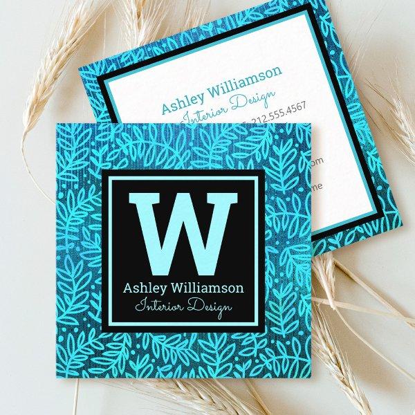 Monogram turquoise leaf pattern modern botanical square