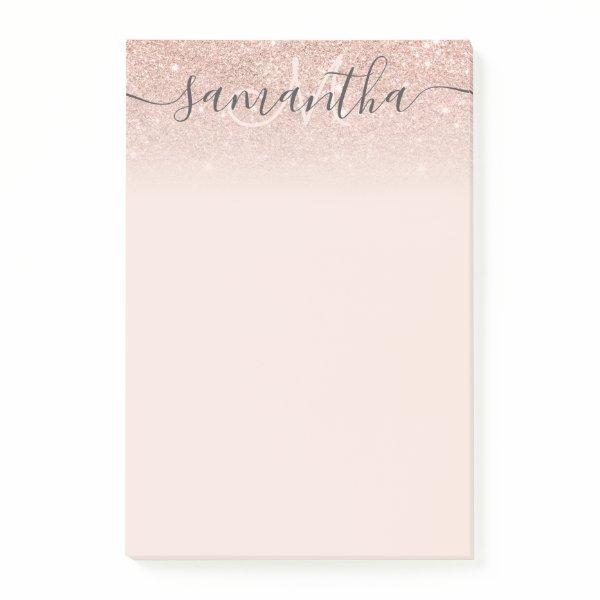 Monogram typography blush rose gold glitter ombre post-it notes